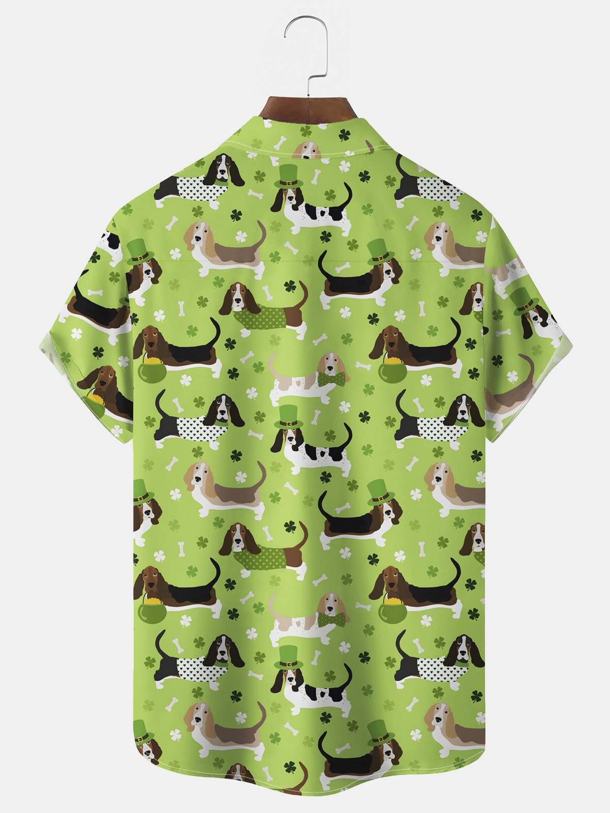 Royaura® St. Patrick's Day Irish Dog Cartoon Green Lucky Print Men's Chest Pocket Stretch Hawaiian Shirt Big Tall