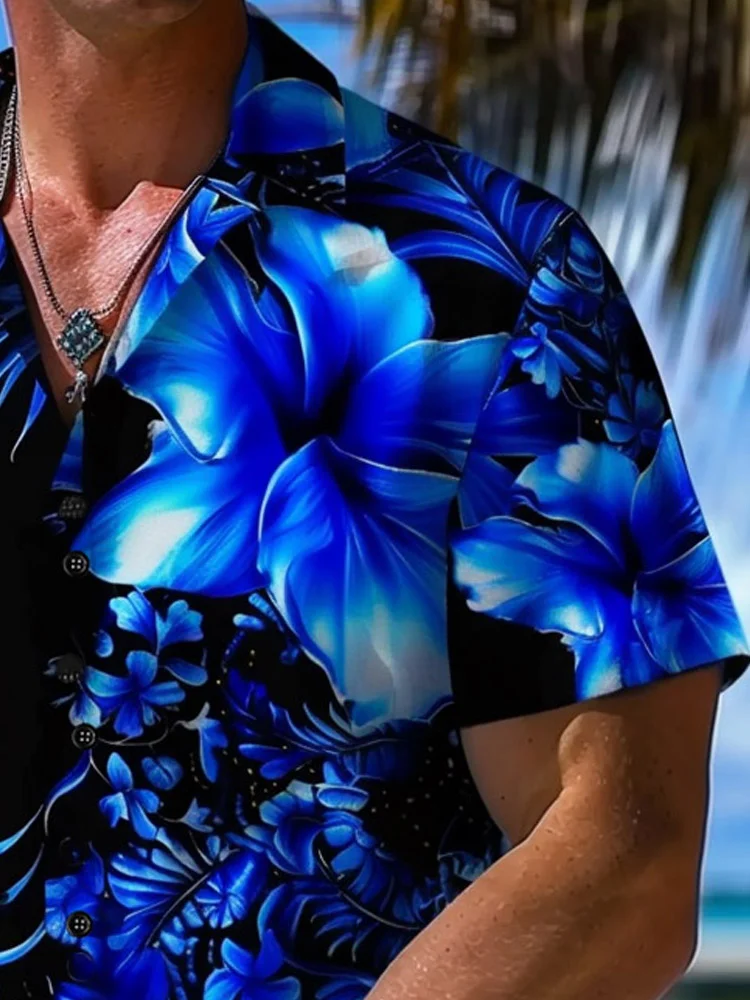 Royaura® Hawaiian Gradient Floral Print Men's Button Pocket Short Sleeve Shirt Big & Tall