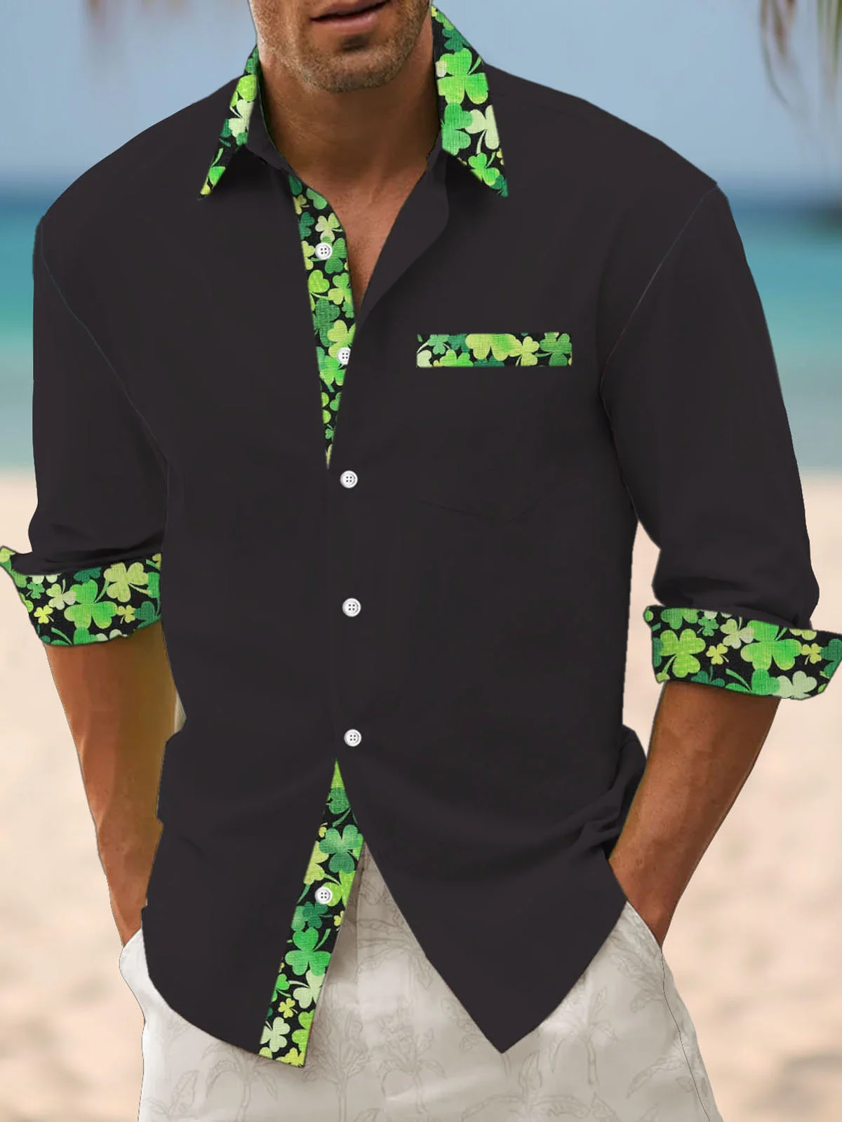 Royaura® St. Patrick's Day Shamrock Print Men's Button Pocket Long Sleeve Shirt Big & Tall