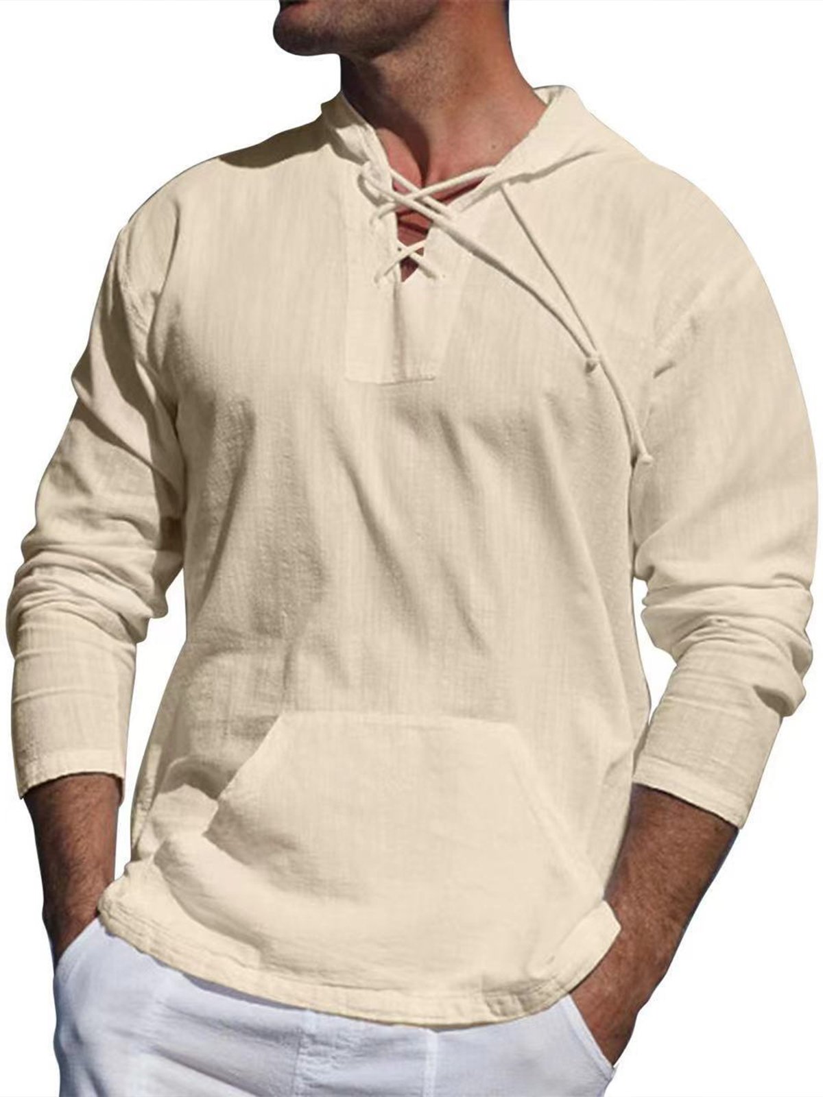 Royaura® Basic Men's Plain Cotton And Linen Sports Pocket Strap Hooded Long Sleeved T Shirt