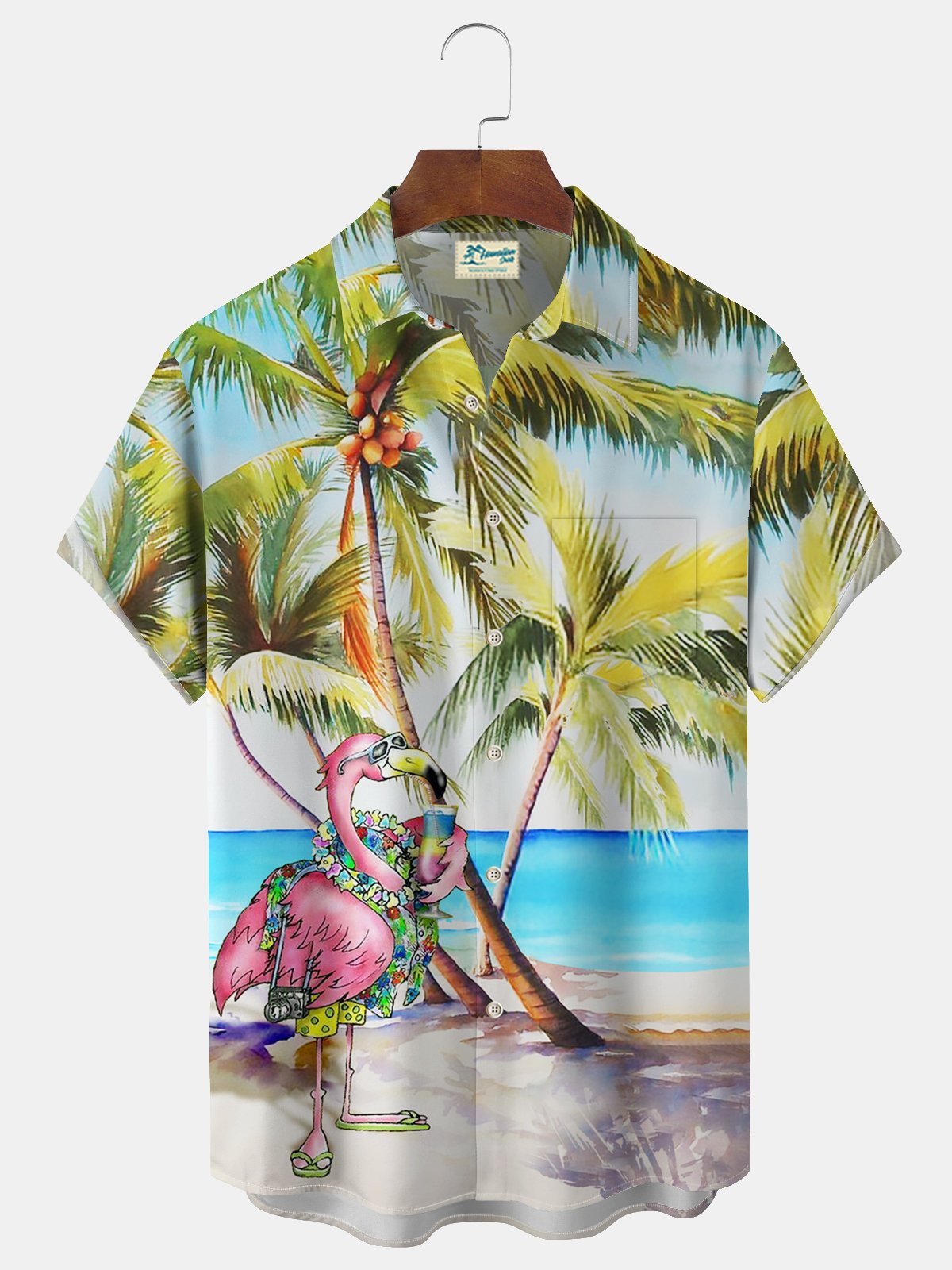 Royaura® Beach Vacation Men's Hawaiian Shirt Flamingo Coconut Tree Print Pocket Camping Shirt Big Tall