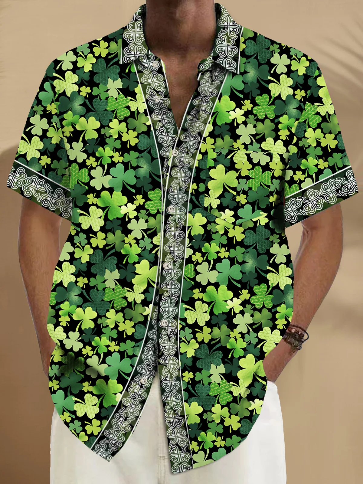 Royaura® St. Patrick's Day Irish Shamrock Baroque Green Lucky Print Men's Chest Pocket Stretch Hawaiian Shirt Big Tall