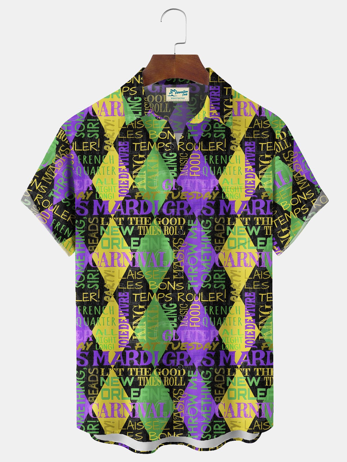 Royaura® Mardi Gras Geometric Print Men's Chest Pocket Stretch Hawaiian Shirt Big Tall