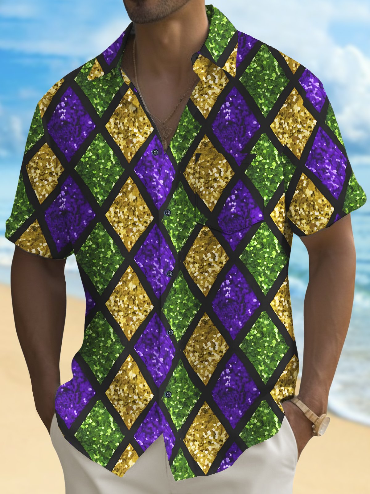 Royaura® Mardi Gras Geometric Print Men's Chest Pocket Stretch Hawaiian Shirt Big Tall