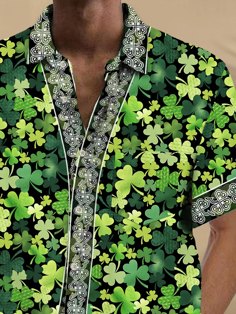 Royaura® St. Patrick's Day Irish Shamrock Baroque Green Lucky Print Men's Chest Pocket Stretch Hawaiian Shirt Big Tall