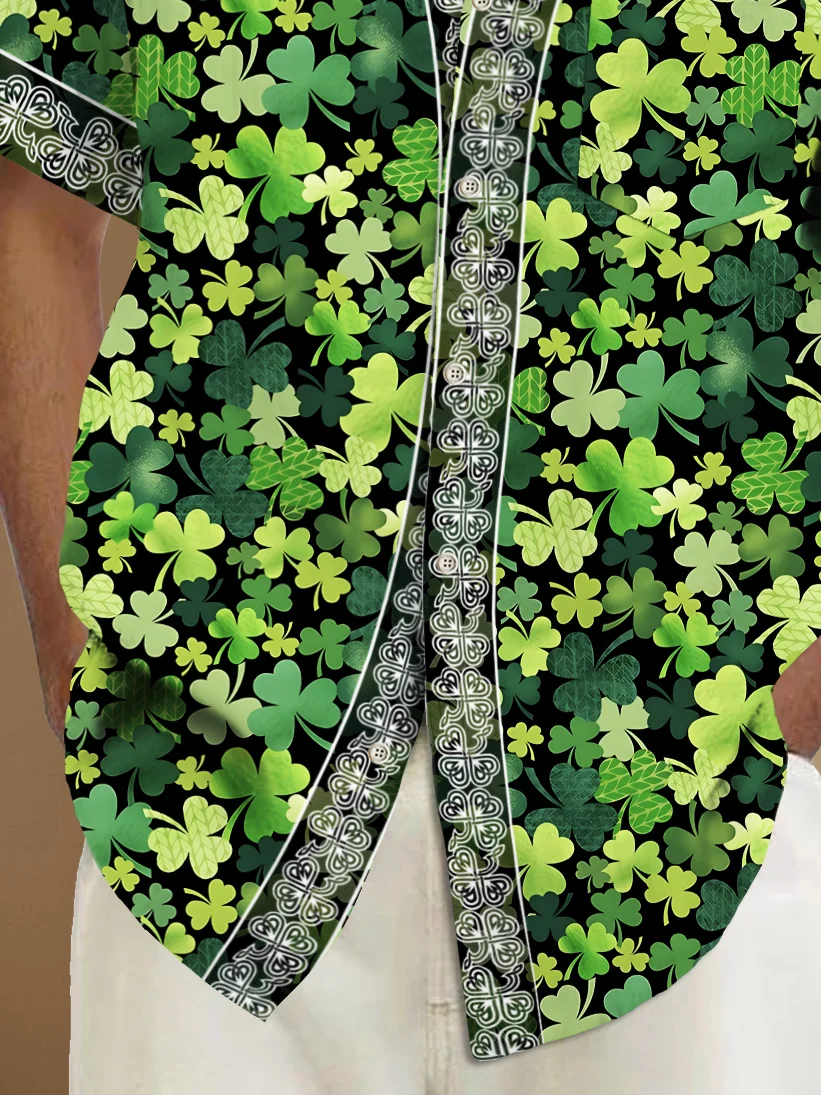 Royaura® St. Patrick's Day Irish Shamrock Baroque Green Lucky Print Men's Chest Pocket Stretch Hawaiian Shirt Big Tall