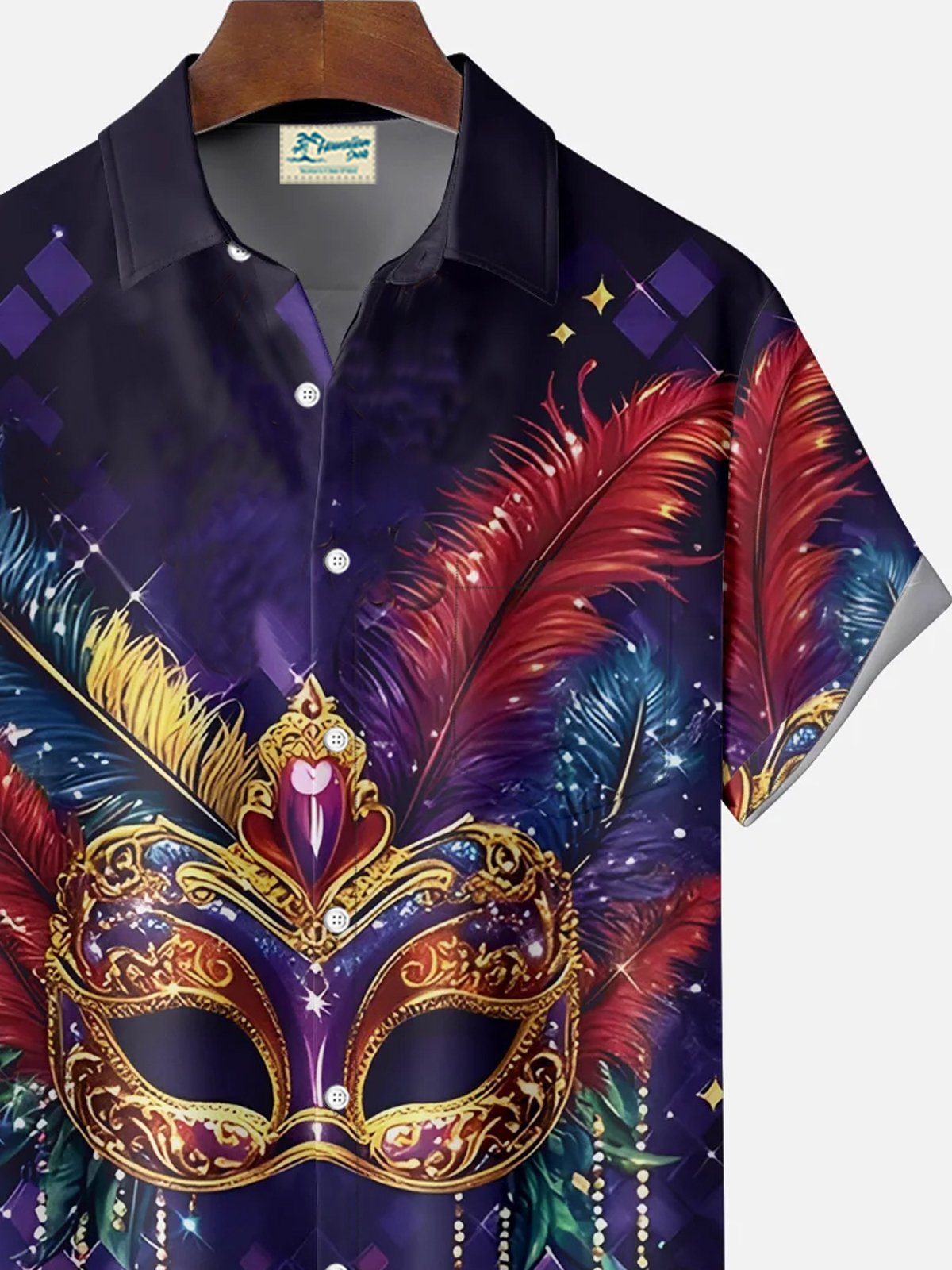 Royaura® Mardi Gras Mask Printed Men's Button Pocket Short Sleeve Shirt Big & Tall