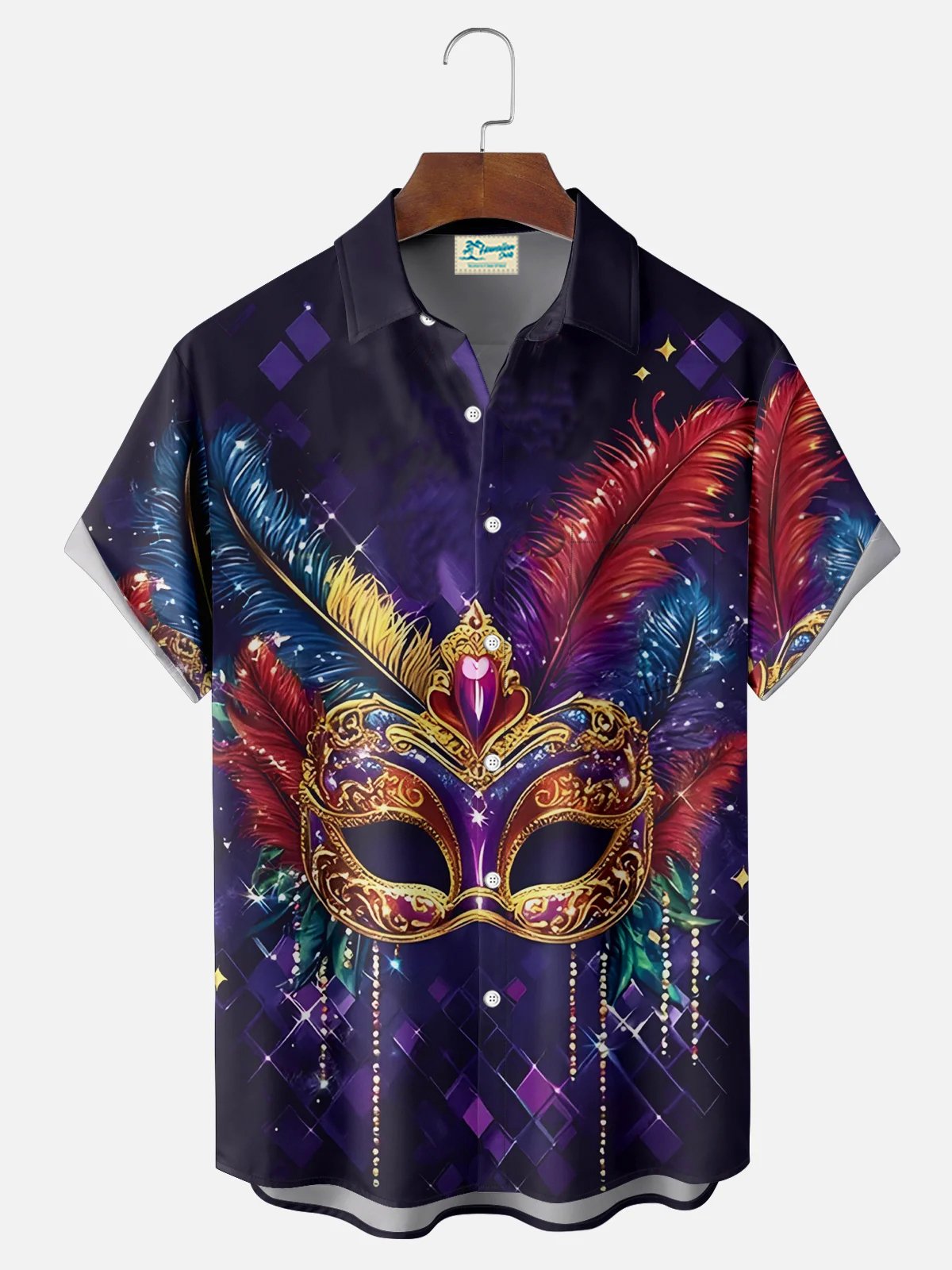 Royaura® Mardi Gras Mask Printed Men's Button Pocket Short Sleeve Shirt Big & Tall