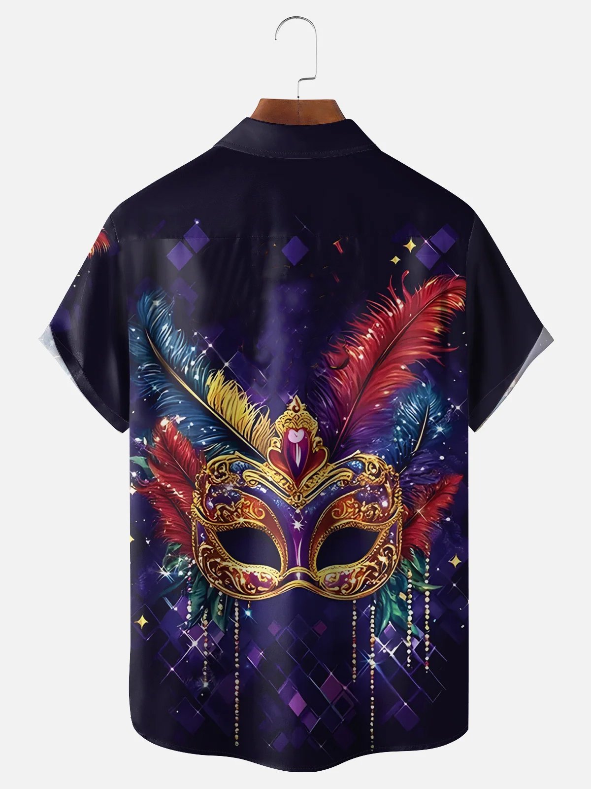 Royaura® Mardi Gras Mask Printed Men's Button Pocket Short Sleeve Shirt Big & Tall