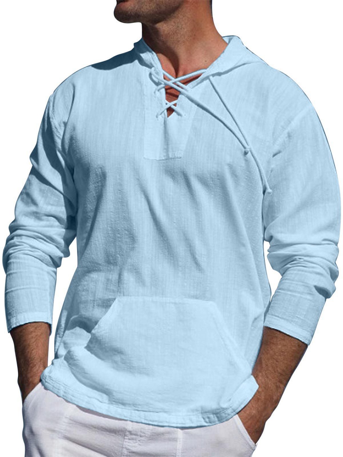 Royaura® Basic Men's Plain Cotton And Linen Sports Pocket Strap Hooded Long Sleeved T Shirt