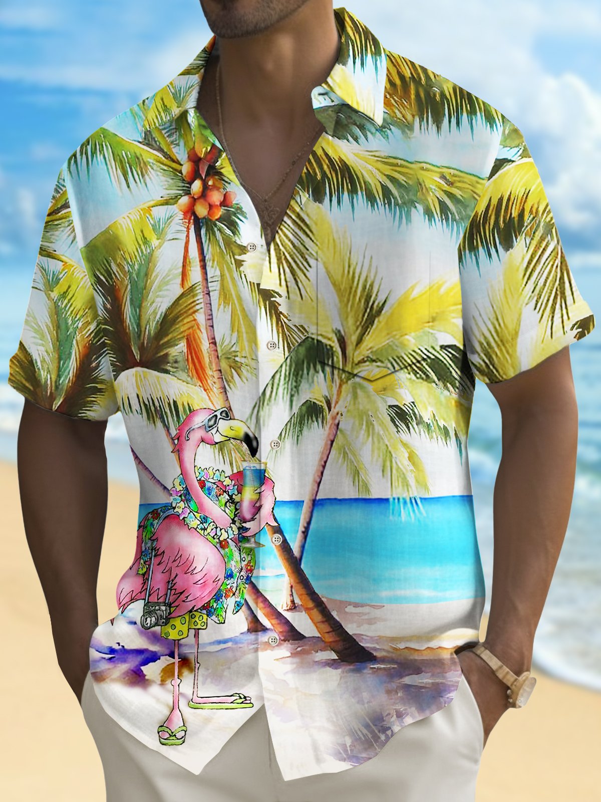 Royaura® Beach Vacation Men's Hawaiian Shirt Flamingo Coconut Tree Print Pocket Camping Shirt Big Tall