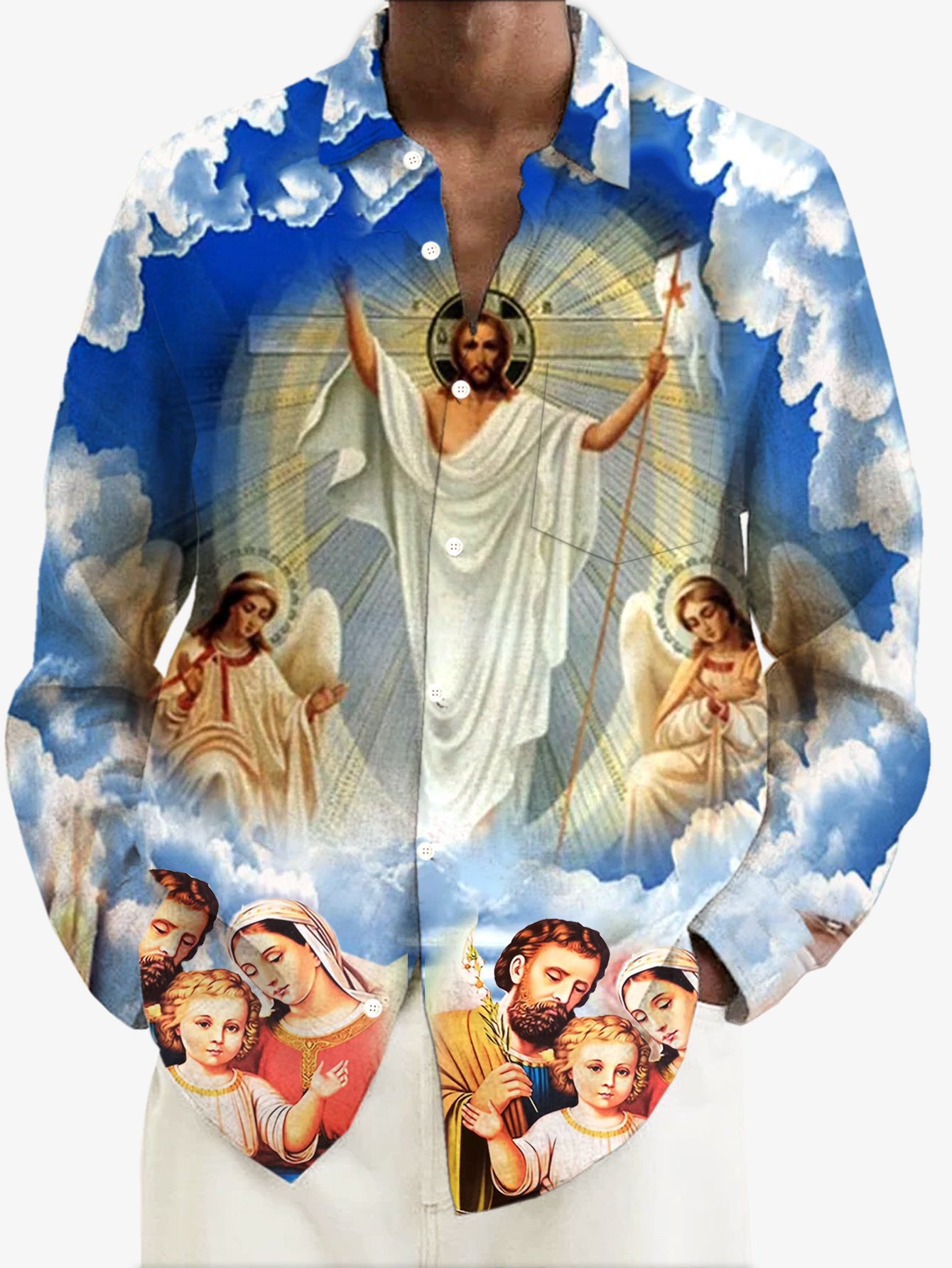 Royaura® Easter Jesus Print Men's Button Pocket Long Sleeve Shirt Big & Tall