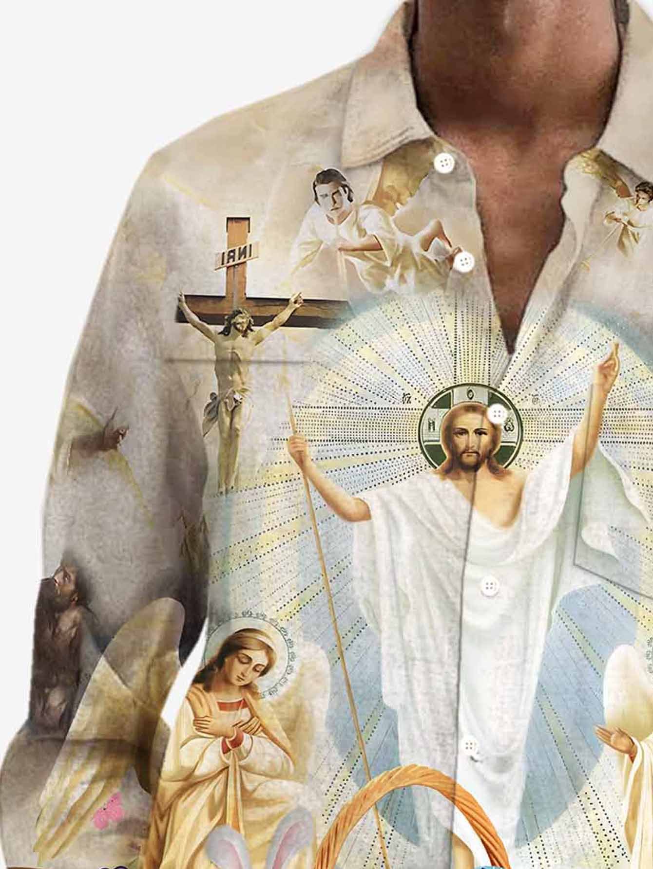 Royaura® Easter Jesus Print Men's Button Pocket Long Sleeve Shirt Big & Tall