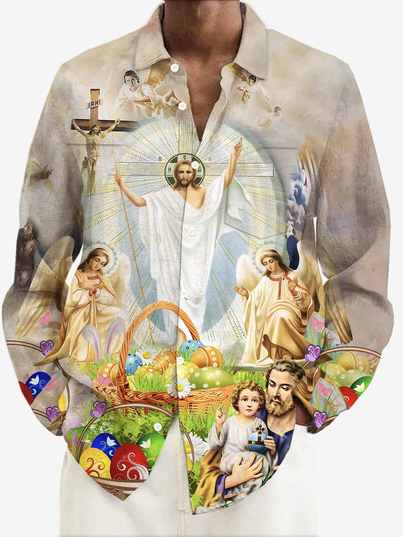 Royaura® Easter Jesus Print Men's Button Pocket Long Sleeve Shirt Big & Tall