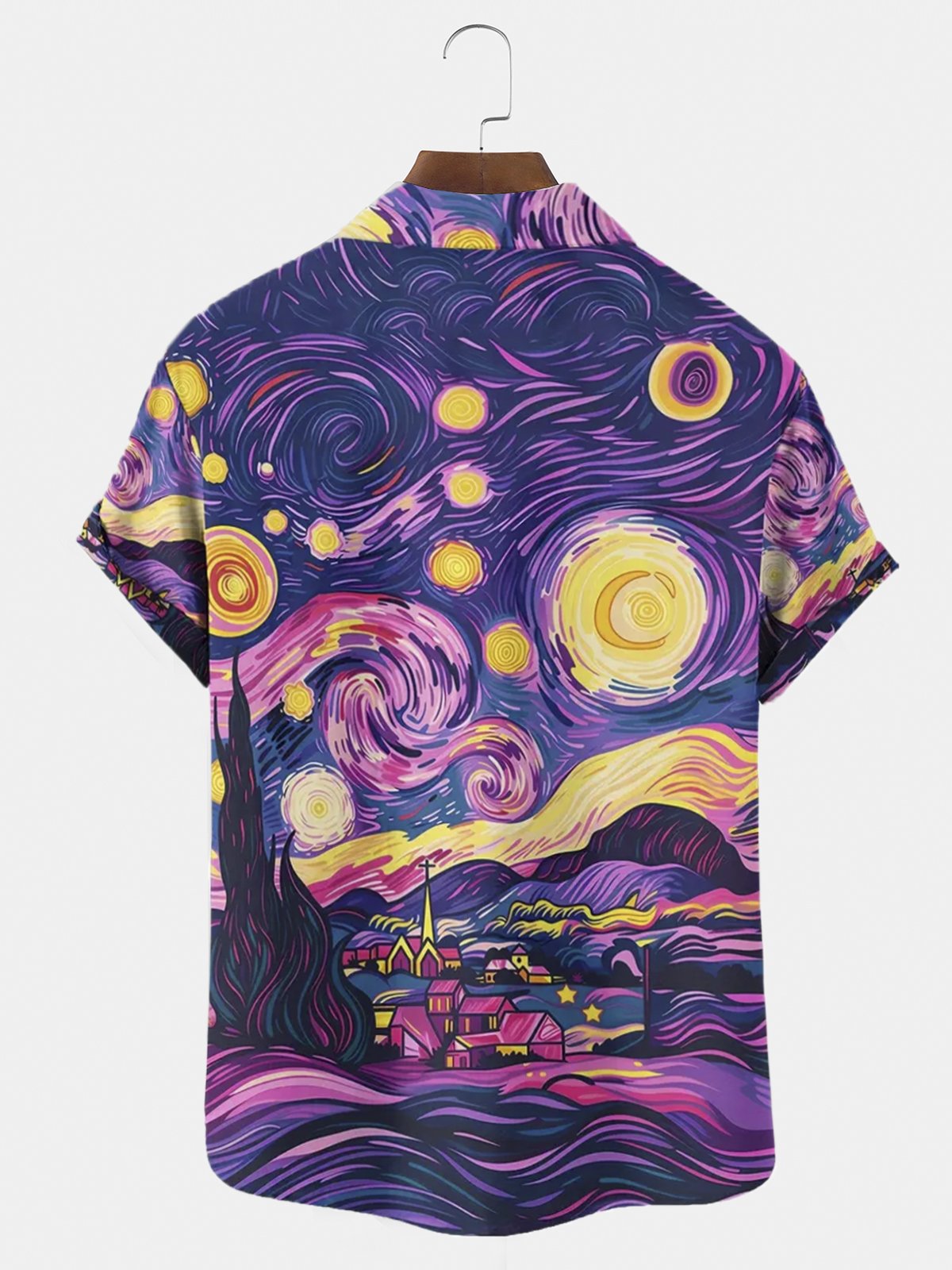 Royaura®Purple Van Gogh Starry Night Combined House Short Sleeve Shirt Big & Tall