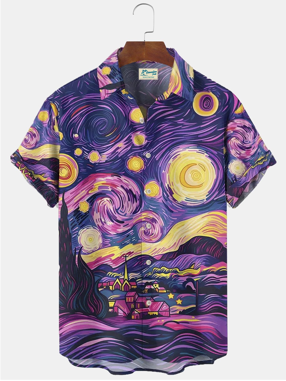 Royaura®Purple Van Gogh Starry Night Combined House Short Sleeve Shirt Big & Tall