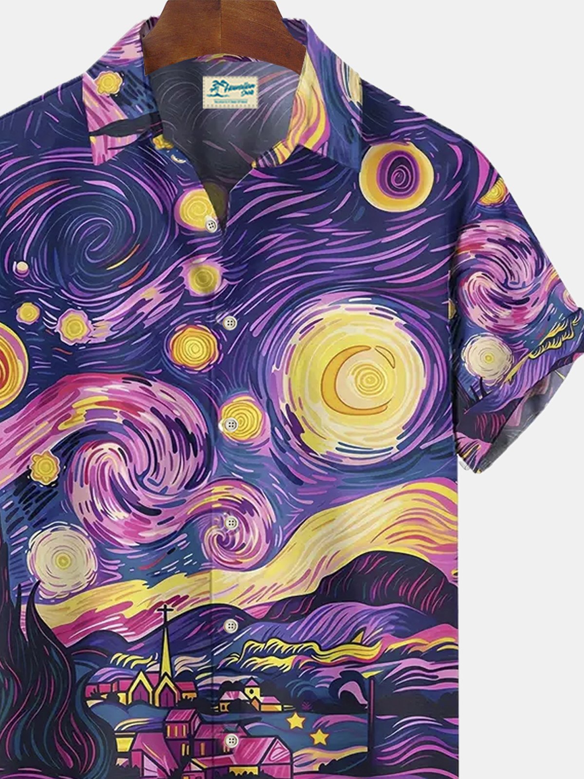 Royaura®Purple Van Gogh Starry Night Combined House Short Sleeve Shirt Big & Tall