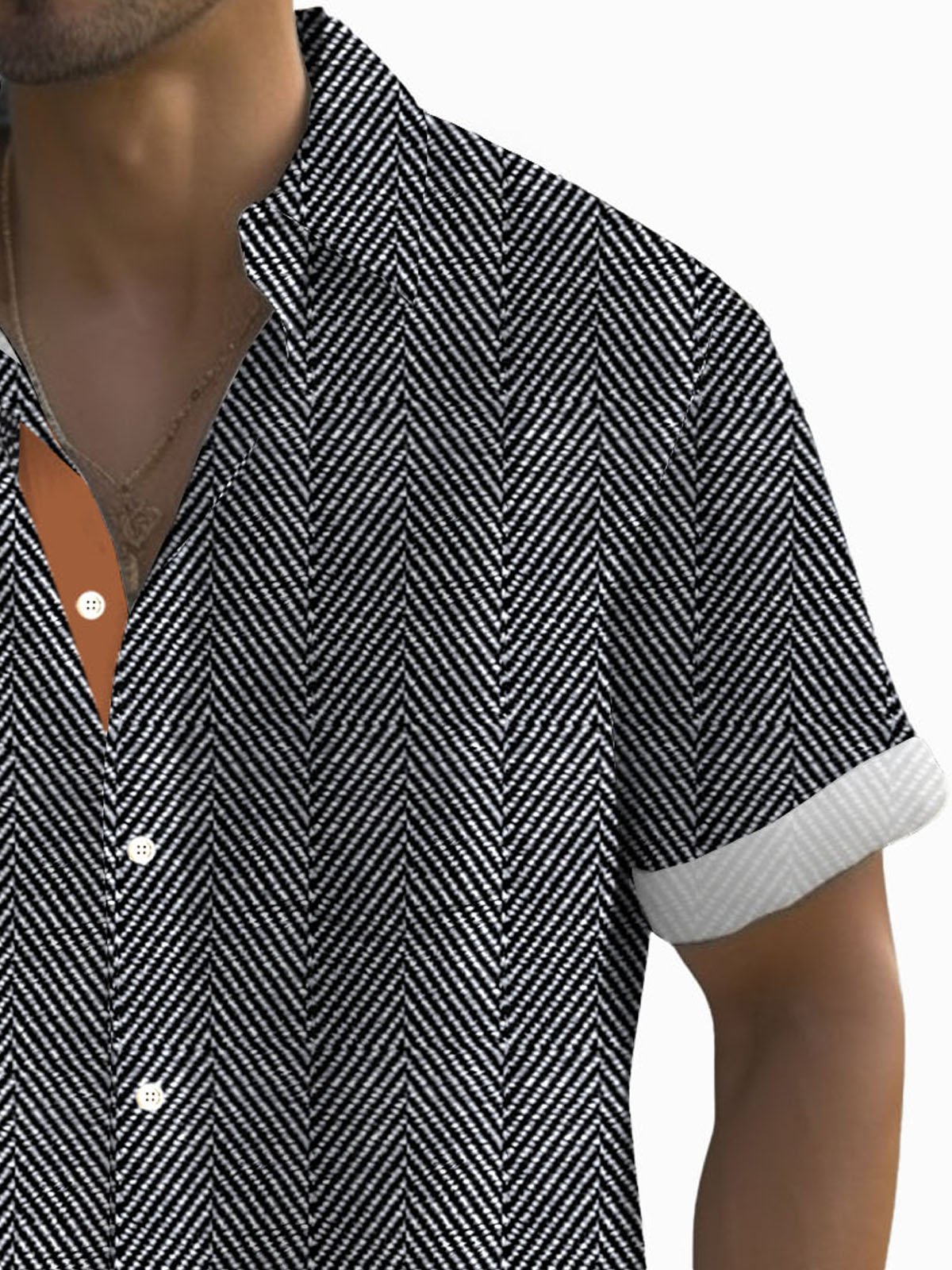 Royaura® Retro Geometric Texture Contrast Print Men's Button Pocket Short Sleeve Shirt Big & Tall