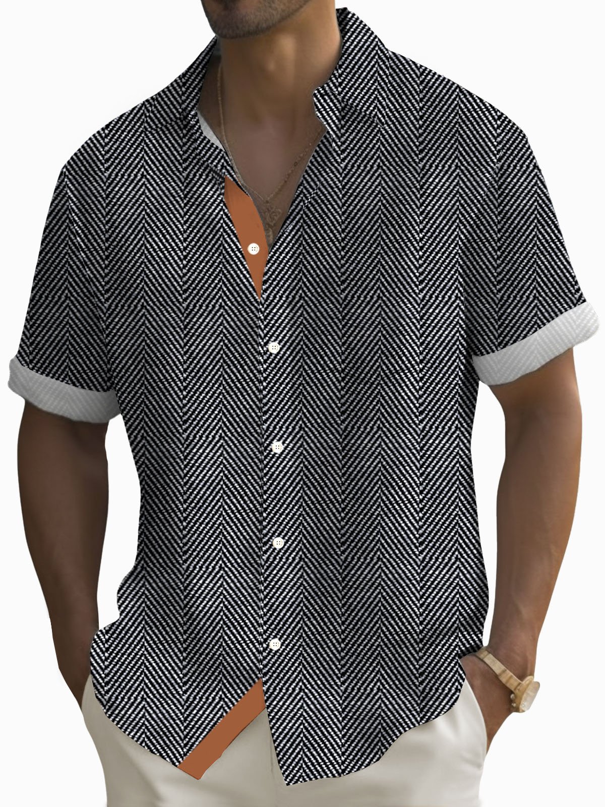 Royaura® Retro Geometric Texture Contrast Print Men's Button Pocket Short Sleeve Shirt Big & Tall