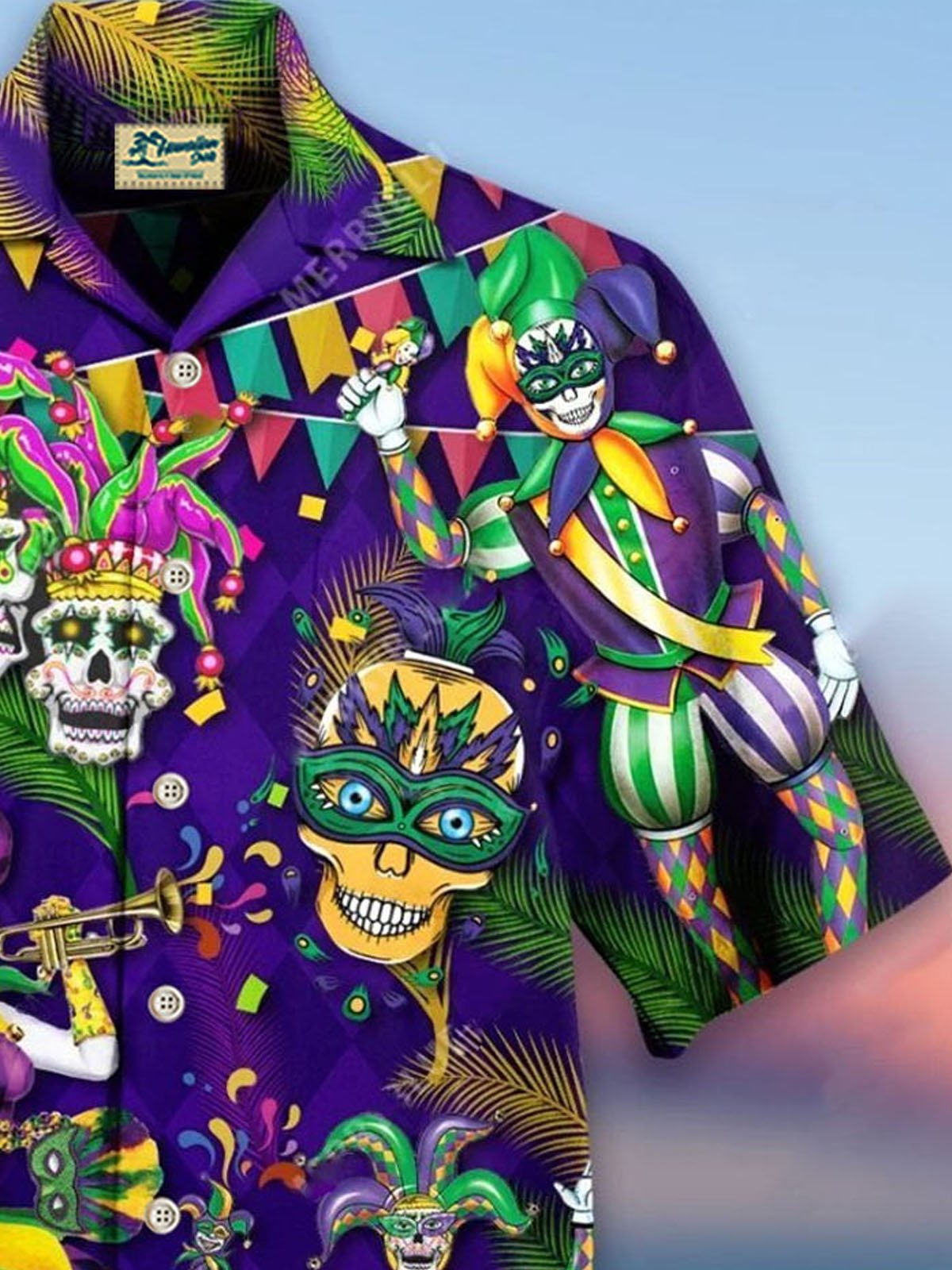 Royaura® Mardi Gras Skull Print Men's Button Pocket Short Sleeve Shirt Big & Tall