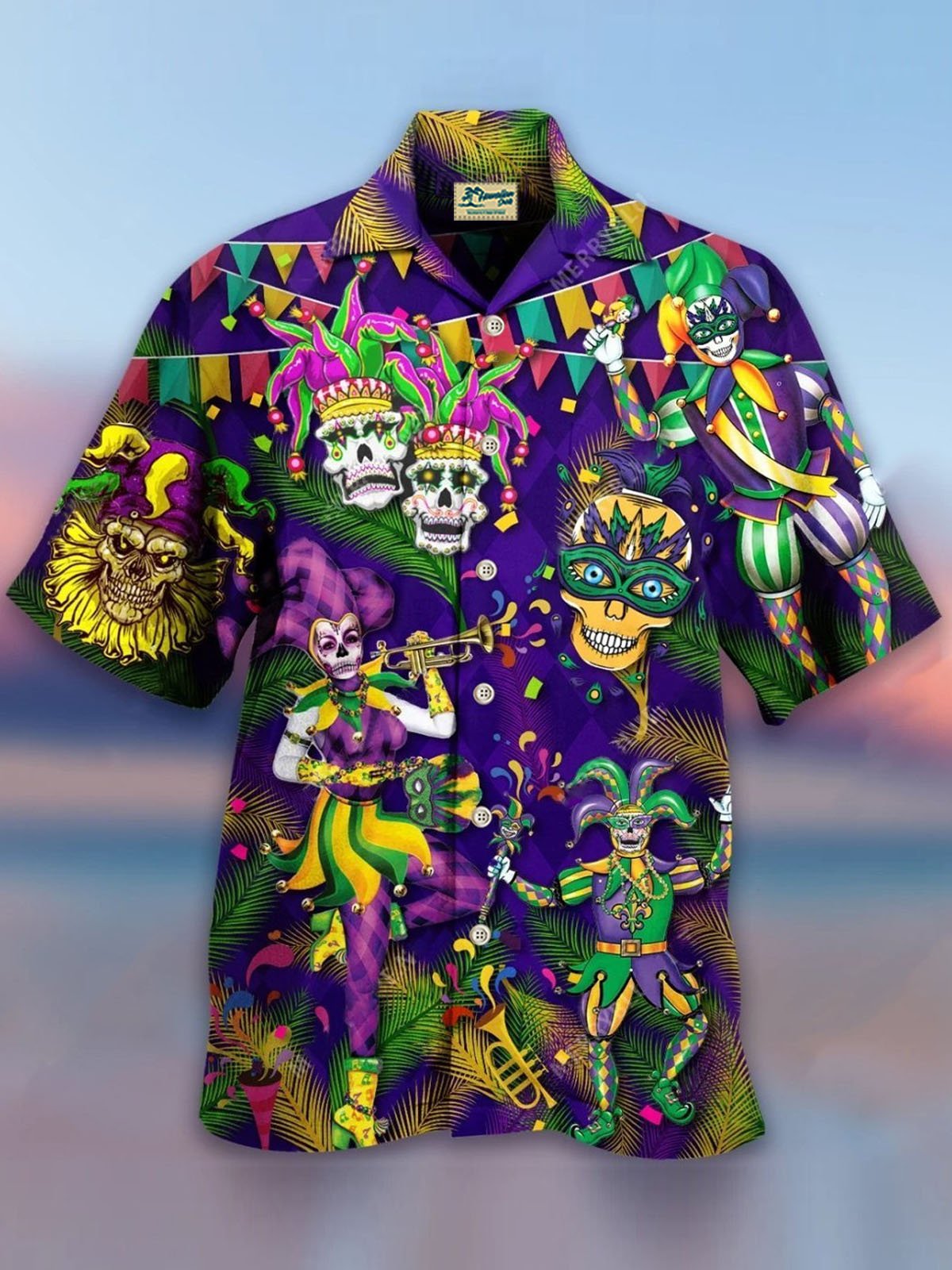 Royaura® Mardi Gras Skull Print Men's Button Pocket Short Sleeve Shirt Big & Tall