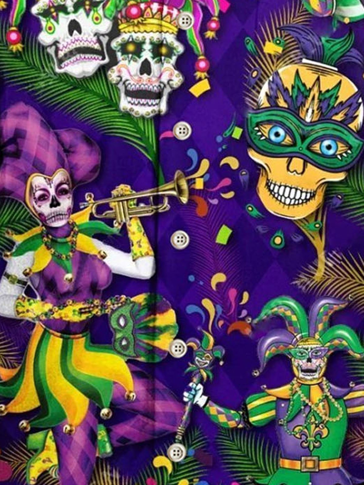 Royaura® Mardi Gras Skull Print Men's Button Pocket Short Sleeve Shirt Big & Tall