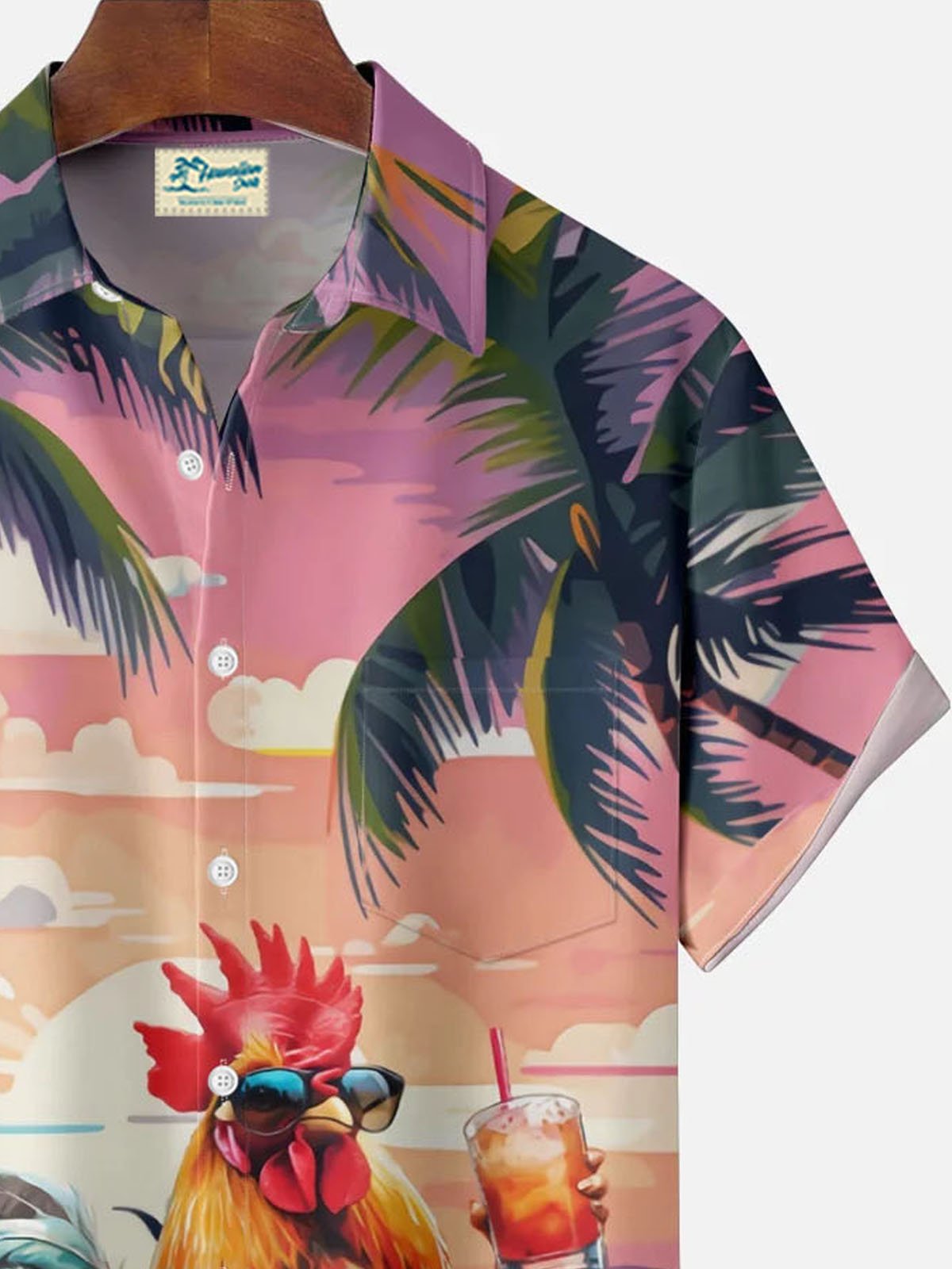 Royaura® Hawaiian Coconut Tree Rooster Holiday Print Men's Button Pocket Short Sleeve Shirt Big & Tall