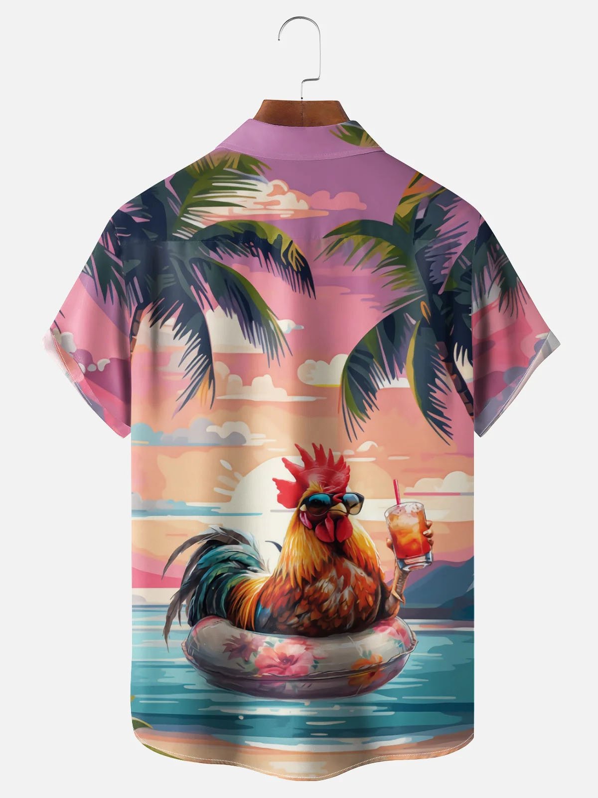 Royaura® Hawaiian Coconut Tree Rooster Holiday Print Men's Button Pocket Short Sleeve Shirt Big & Tall