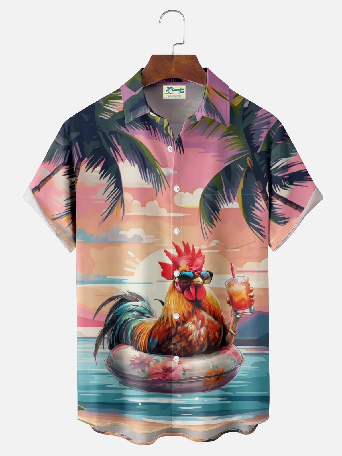 Royaura® Hawaiian Coconut Tree Rooster Holiday Print Men's Button Pocket Short Sleeve Shirt Big & Tall