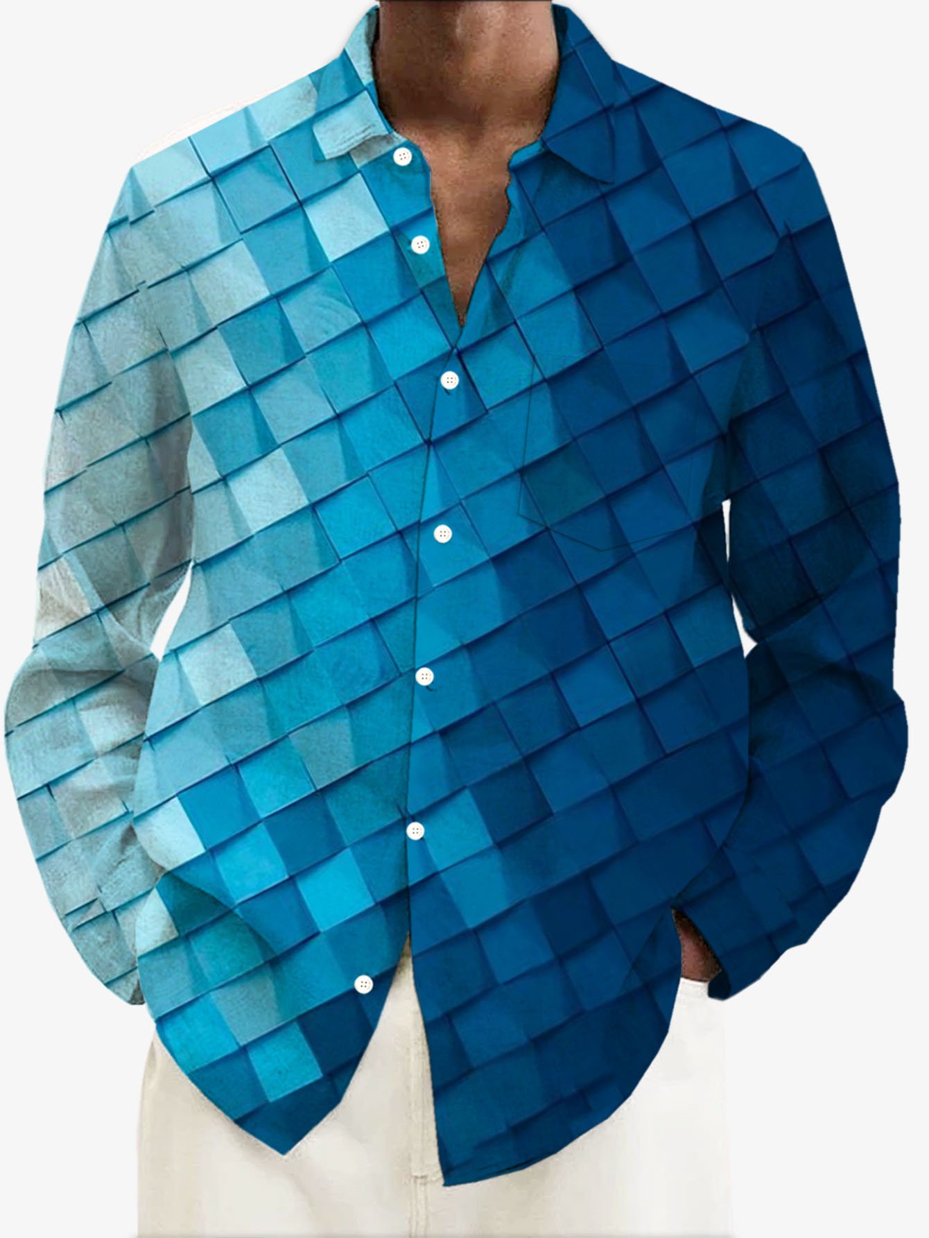 Royaura® Retro Geometric Gradient 3D Printed Men's Button Pocket Long Sleeve Shirt Big & Tall