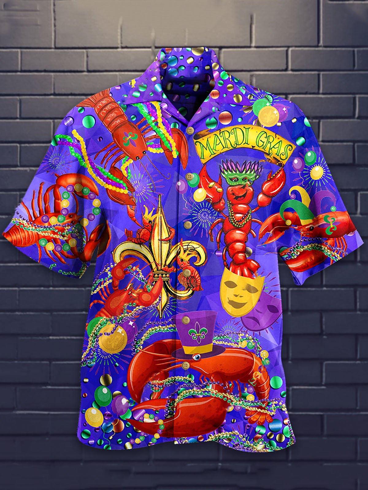 Royaura® Mardi Gras Lobster Mask Print Men's Button Pocket Short Sleeve Shirt Big & Tall