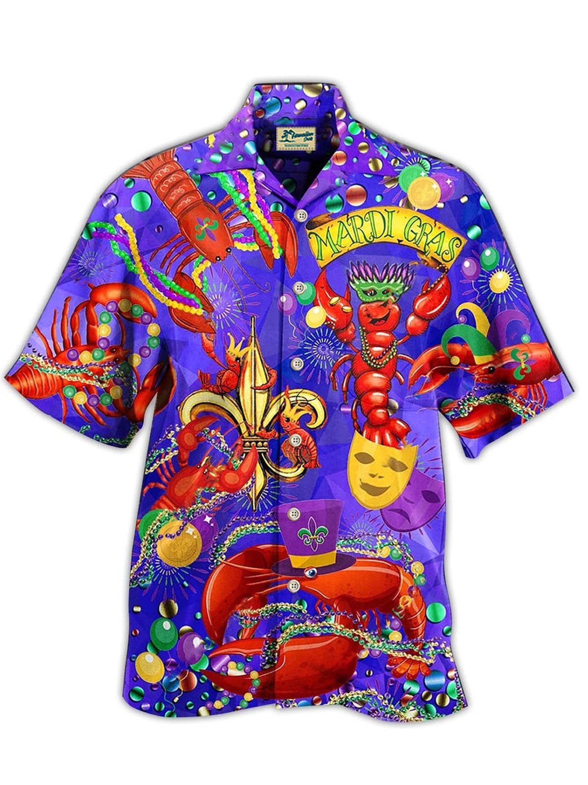 Royaura® Mardi Gras Lobster Mask Print Men's Button Pocket Short Sleeve Shirt Big & Tall