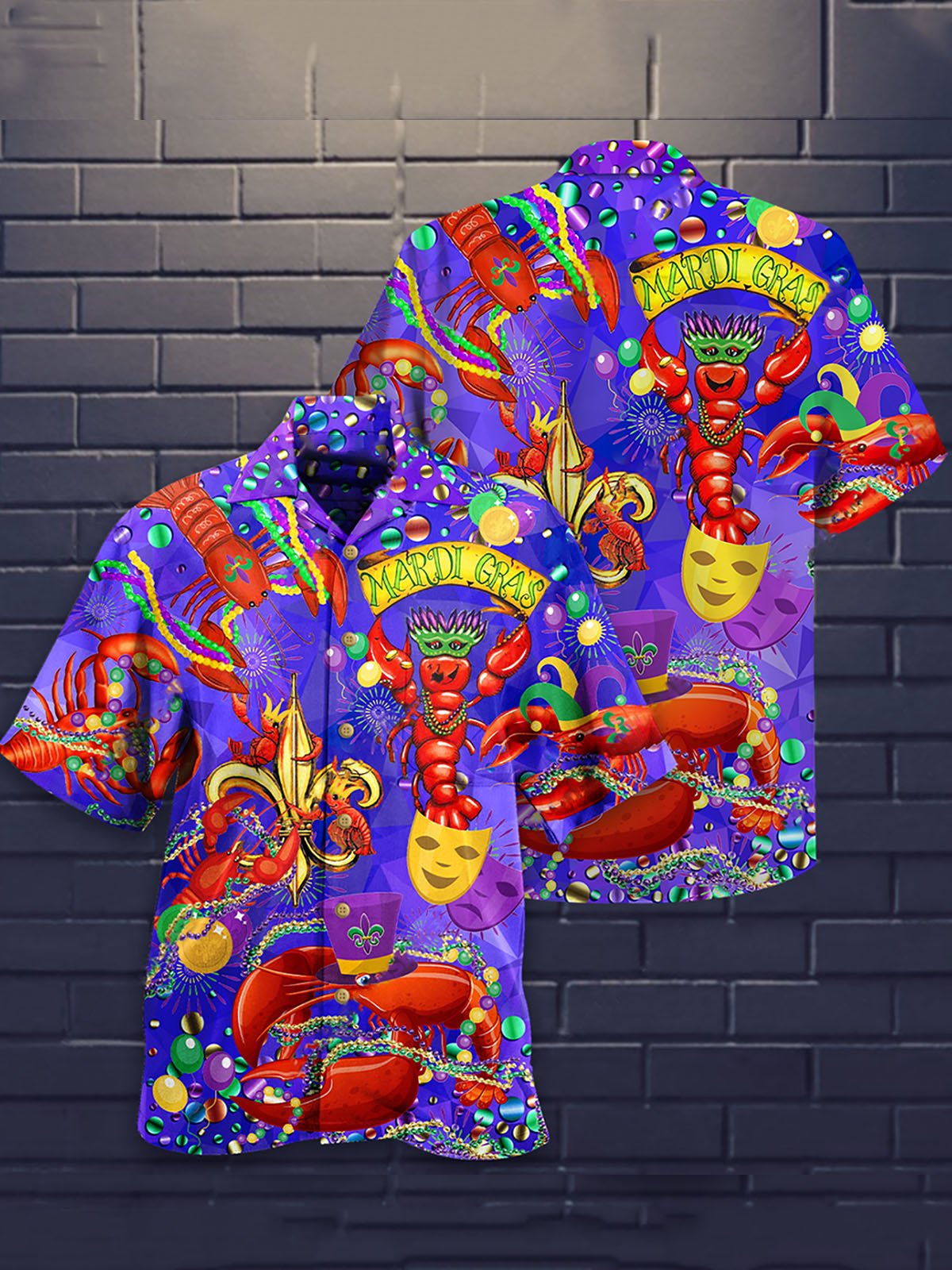 Royaura® Mardi Gras Lobster Mask Print Men's Button Pocket Short Sleeve Shirt Big & Tall