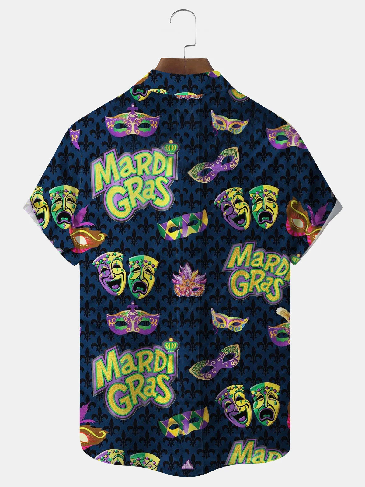 Royaura® Mardi Gras Mask Print Men's Button Pocket Short Sleeve Shirt Big & Tall