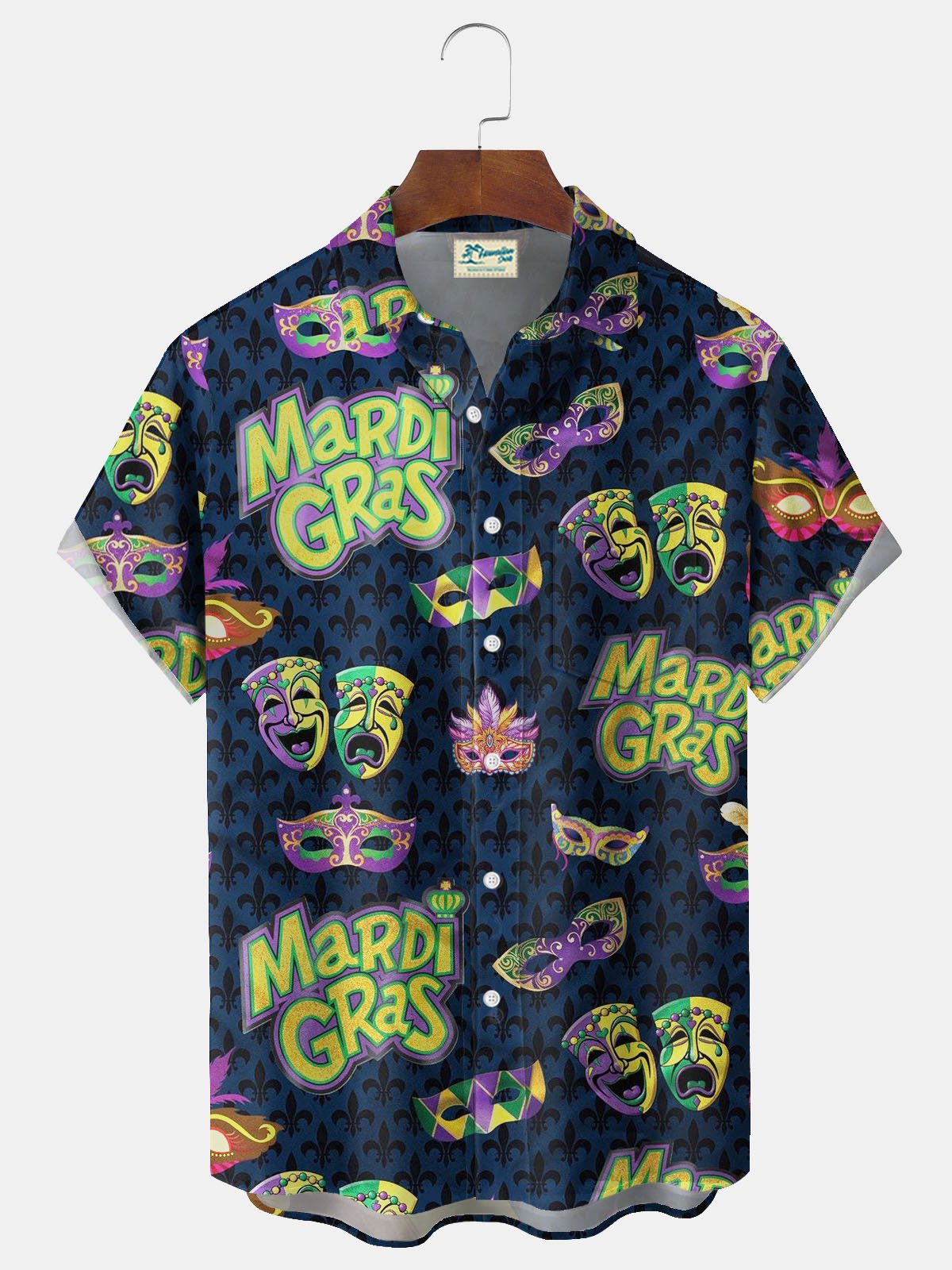 Royaura® Mardi Gras Mask Print Men's Button Pocket Short Sleeve Shirt Big & Tall