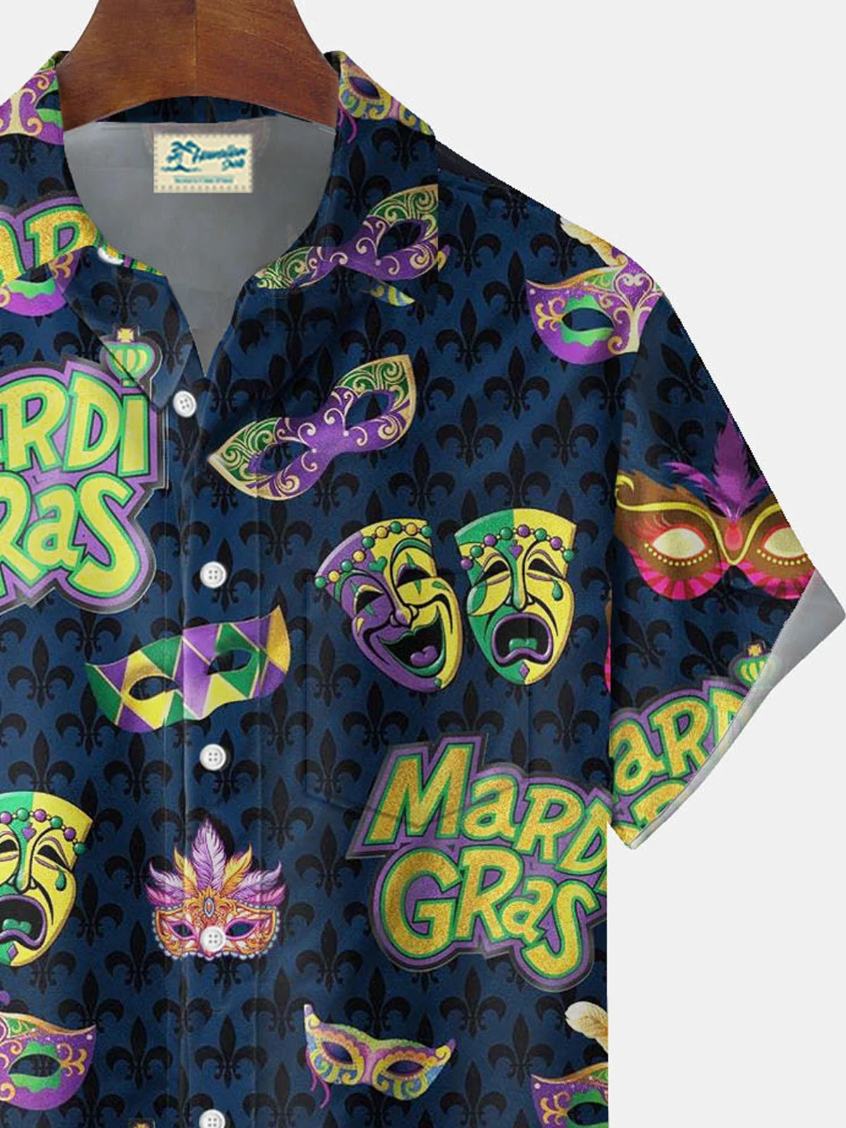 Royaura® Mardi Gras Mask Print Men's Button Pocket Short Sleeve Shirt Big & Tall