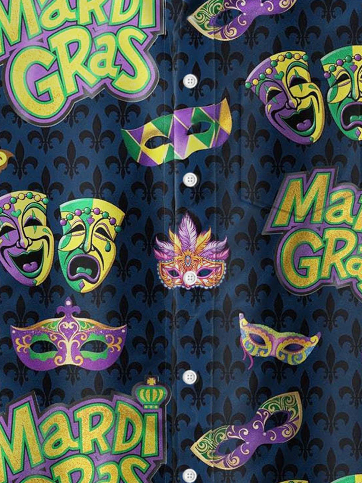 Royaura® Mardi Gras Mask Print Men's Button Pocket Short Sleeve Shirt Big & Tall