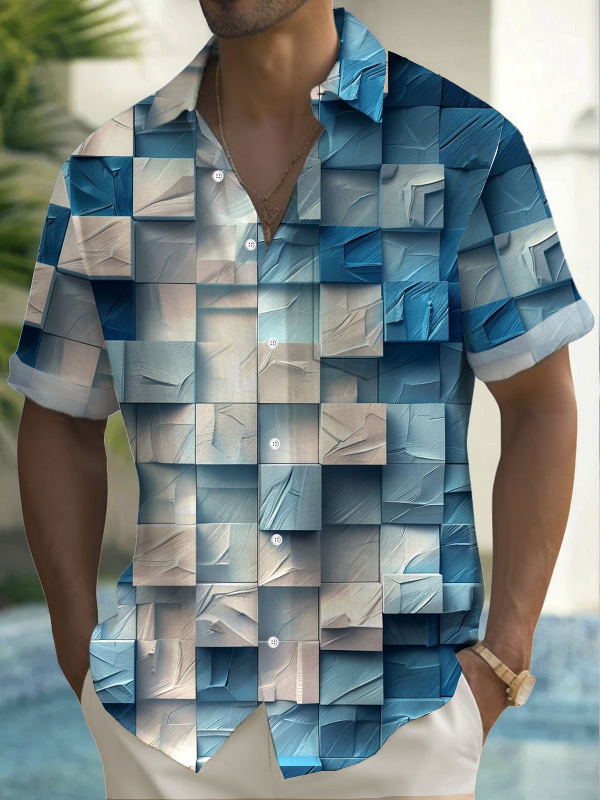 Royaura® Retro Geometric 3D Abstract Art Print Men's Button Pocket Short Sleeve Shirt Big & Tall