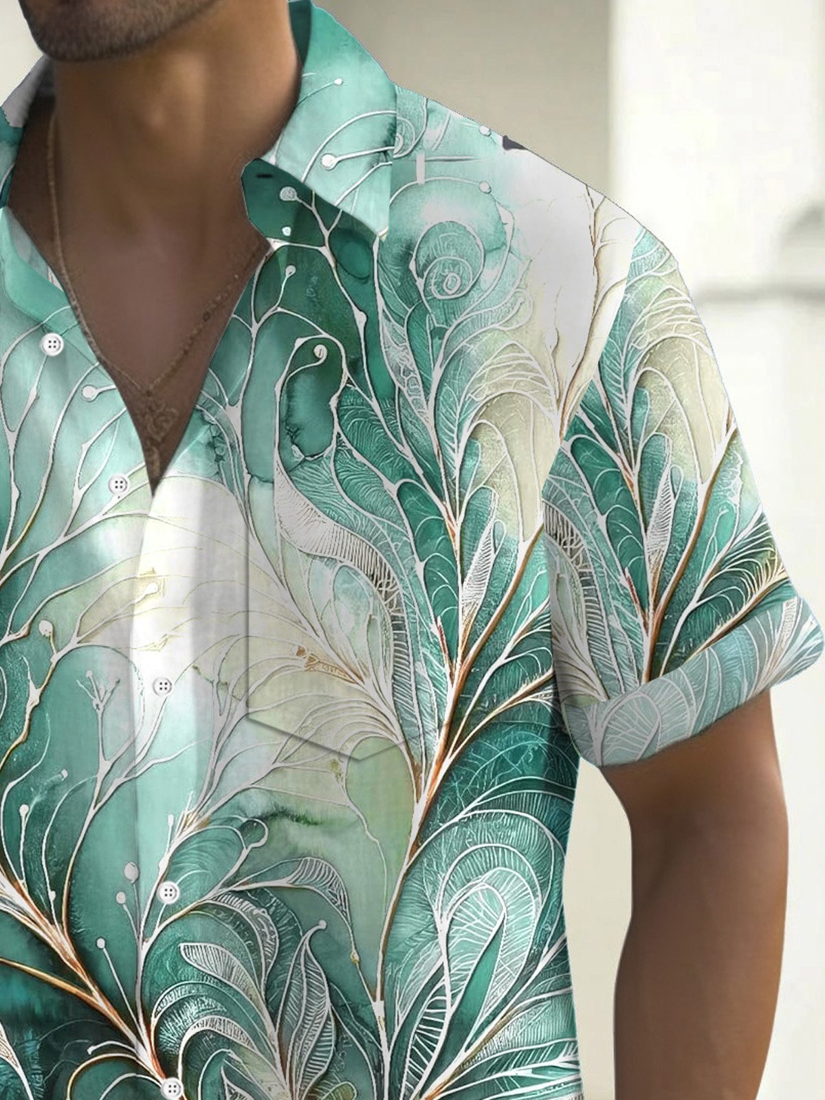 Royaura® Hawaiian Plant Leaf Gold Stamping Gradient Print Men's Button Pocket Short Sleeve Shirt Big & Tall