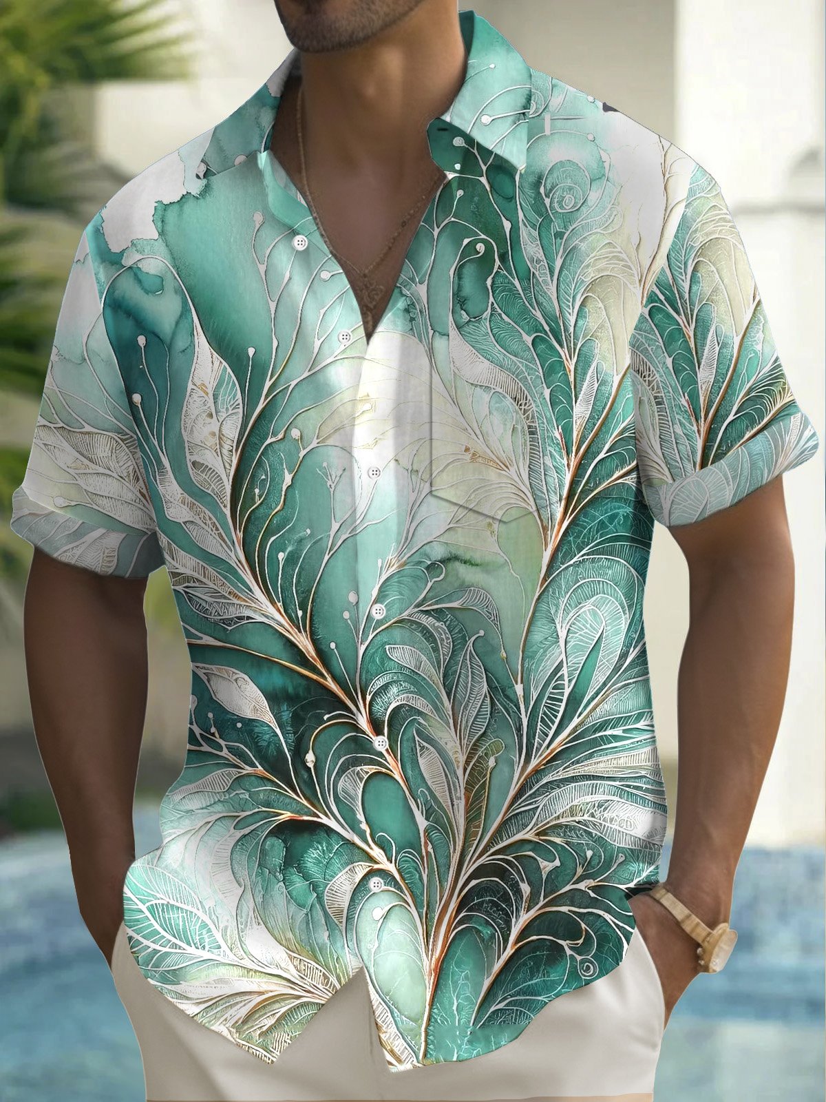 Royaura® Hawaiian Plant Leaf Gold Stamping Gradient Print Men's Button Pocket Short Sleeve Shirt Big & Tall