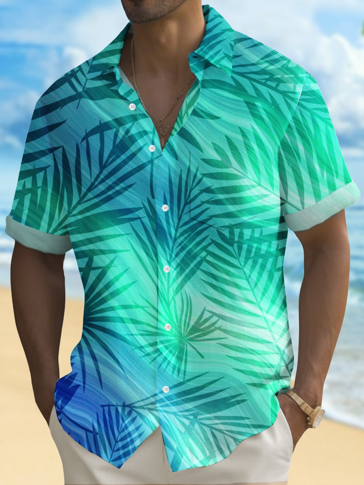 Royaura® Hawaiian Plant Leaves Palm Tree Gradient Print Men's Button Pocket Short Sleeve Shirt Big & Tall