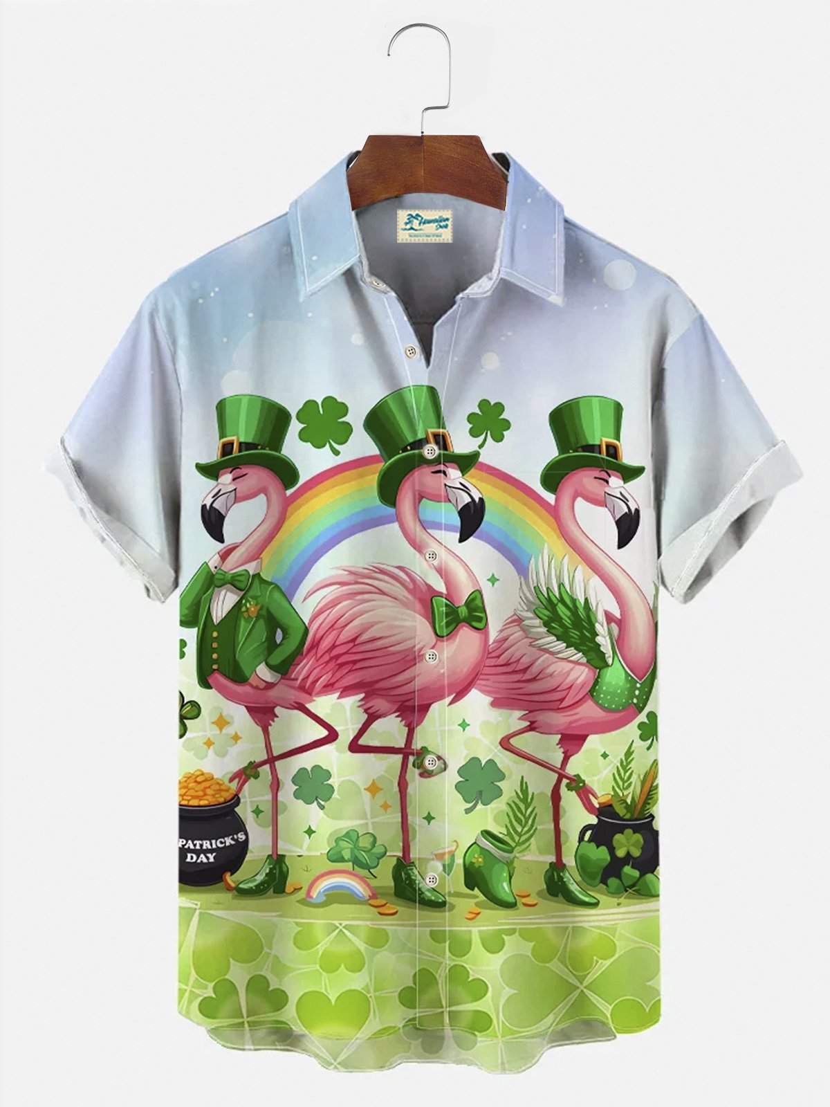 Royaura®  St. Patrick's Clover Patch Flamingo Button Pocket Short Sleeve Shirt Big & Tall