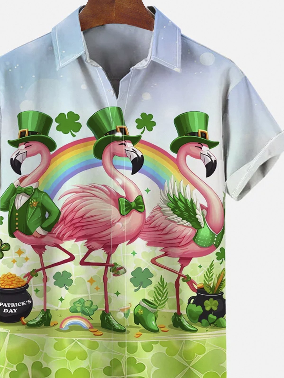 Royaura®  St. Patrick's Clover Patch Flamingo Button Pocket Short Sleeve Shirt Big & Tall