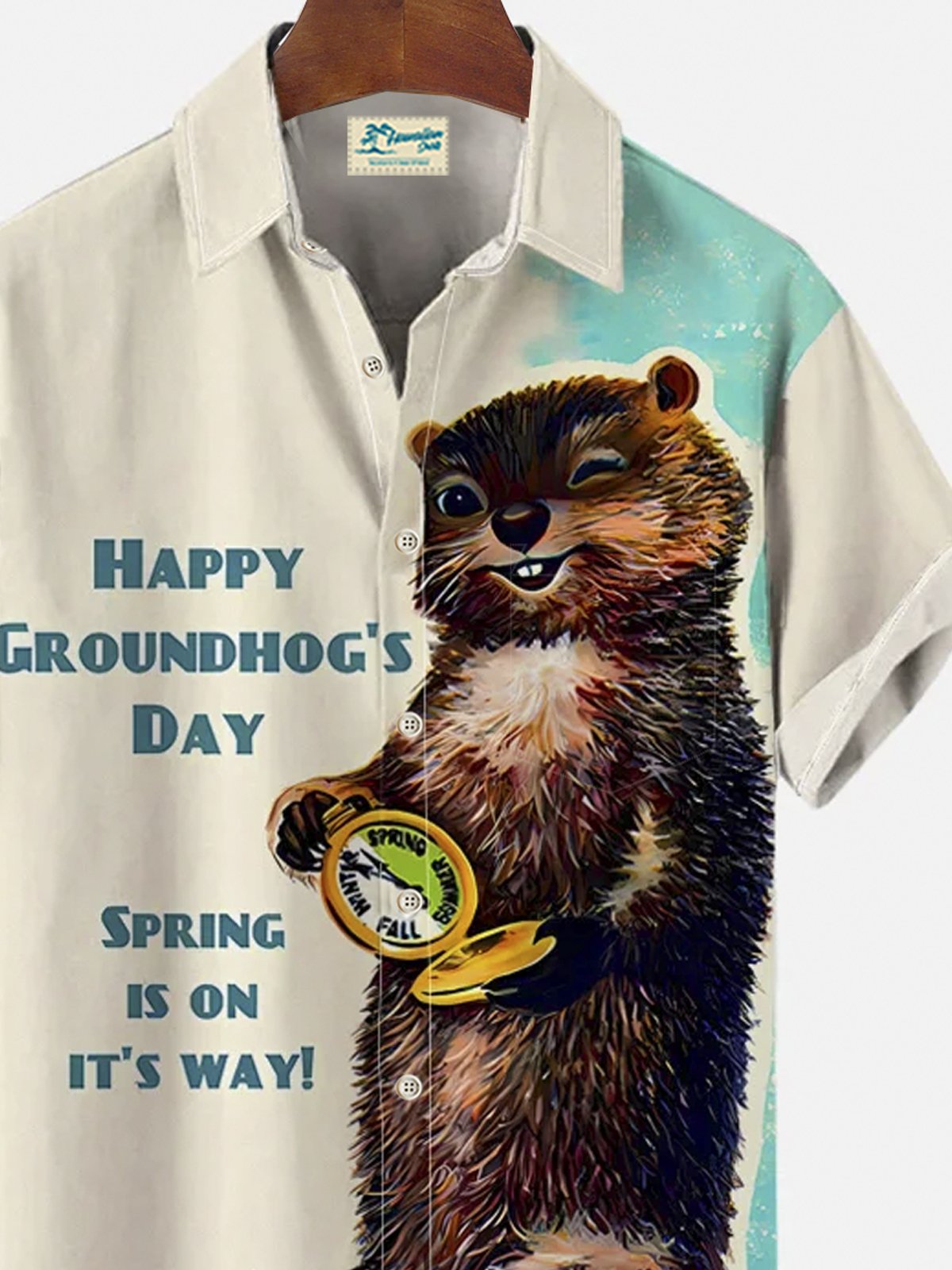 Royaura® Happy Groundhog Day Printed Short Sleeve Shirt Button Pocket Short Sleeve Shirt Big & Tall