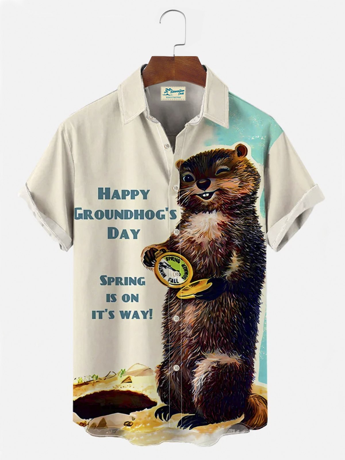 Royaura® Happy Groundhog Day Printed Short Sleeve Shirt Button Pocket Short Sleeve Shirt Big & Tall