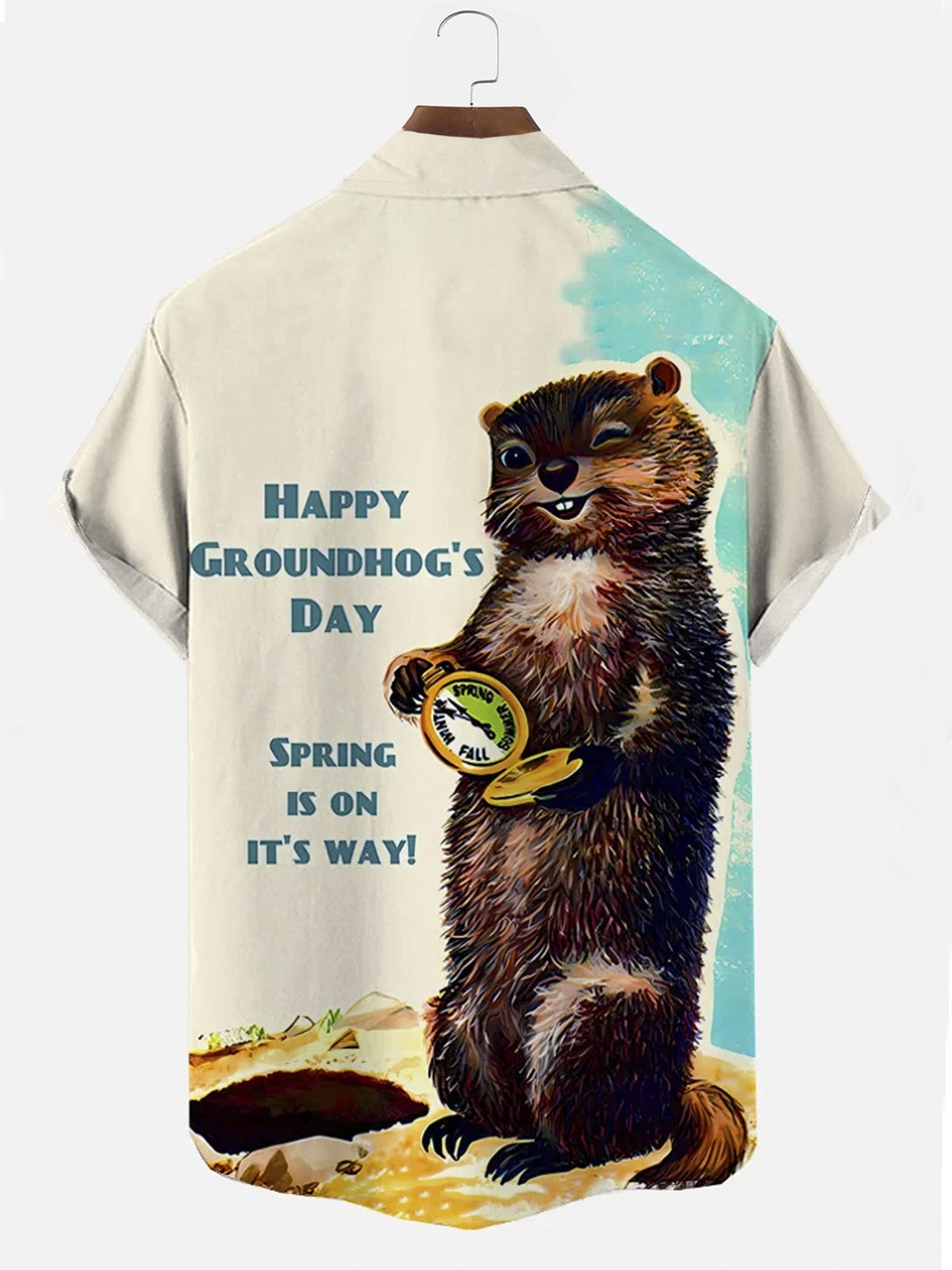 Royaura® Happy Groundhog Day Printed Short Sleeve Shirt Button Pocket Short Sleeve Shirt Big & Tall