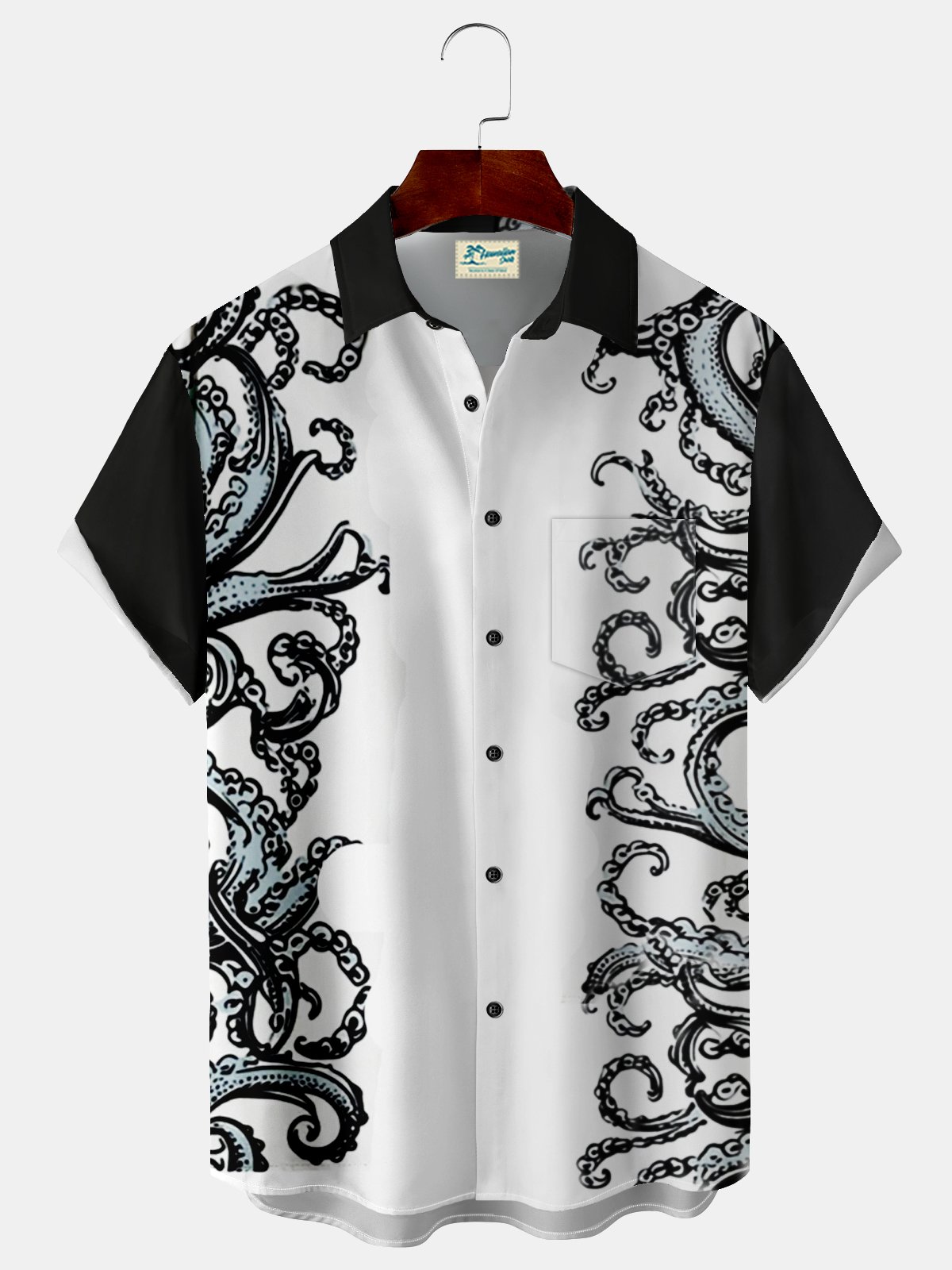 Royaura® Squid stitching cool tentacle bowling button pocket short-sleeved shirt Big & Tall