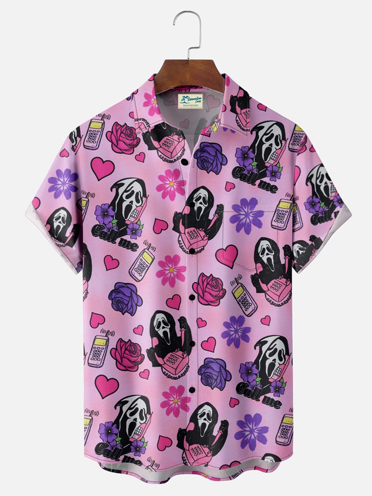 Royaura® Valentine's Day Heart Skull Rose Print Button Pocket Short Sleeve Shirt Big & Tall