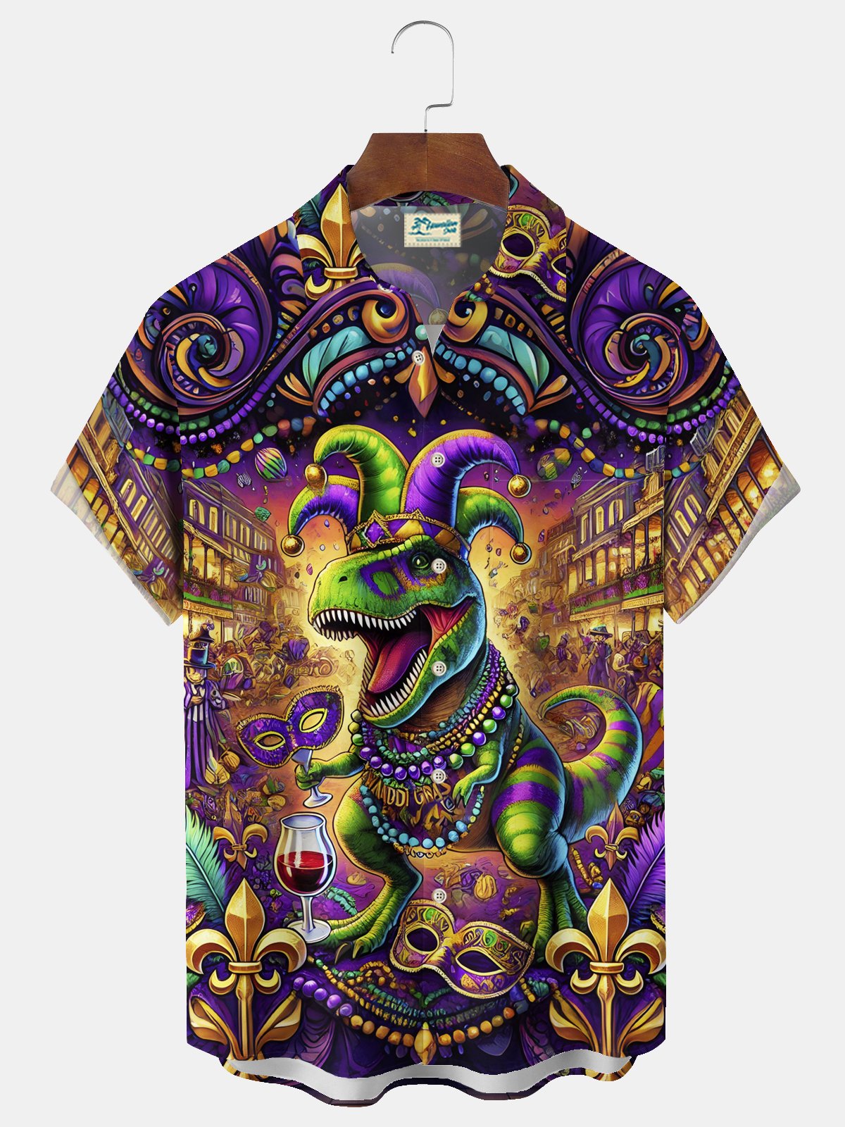 Royaura® Mardi Gras Dinosaur Print Men's Chest Pocket Stretch Hawaiian Shirt Big Tall