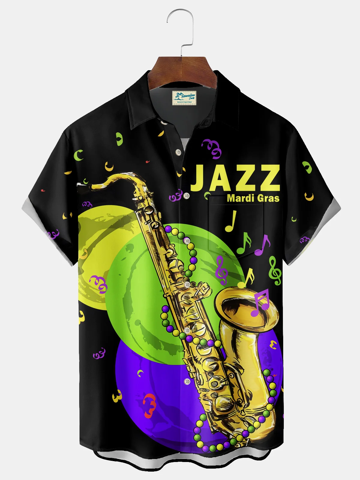 Royaura® Mardi Gras Music Saxophone Print Men's Chest Pocket Stretch Hawaiian Shirt Big Tall